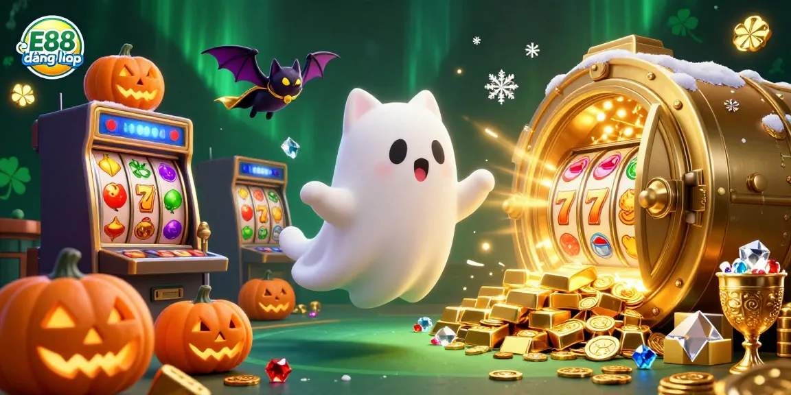 Experience E88 đăng nhập excitement in a vibrant casino scene with ghost cat and vampire bat!