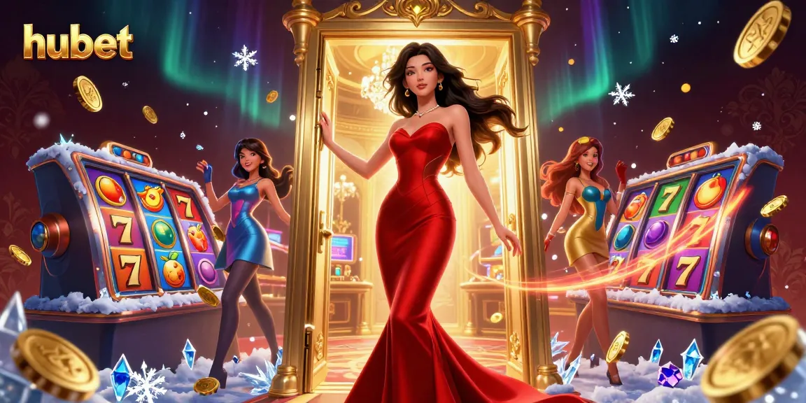 Experience hubet's thrilling atmosphere with a beautiful Asian woman welcoming players to an extravagant VIP casino.