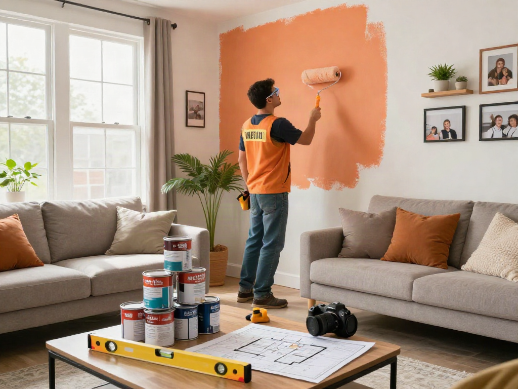 Home repair services Des Moines Iowa in a stylish living room where a contractor refreshes walls, showcasing tools and decor.