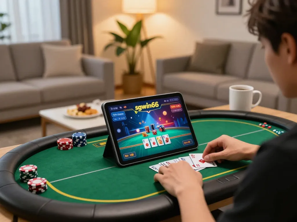Engaging online gaming experience with sgwin66 in a cozy home setting, featuring poker gameplay on a tablet