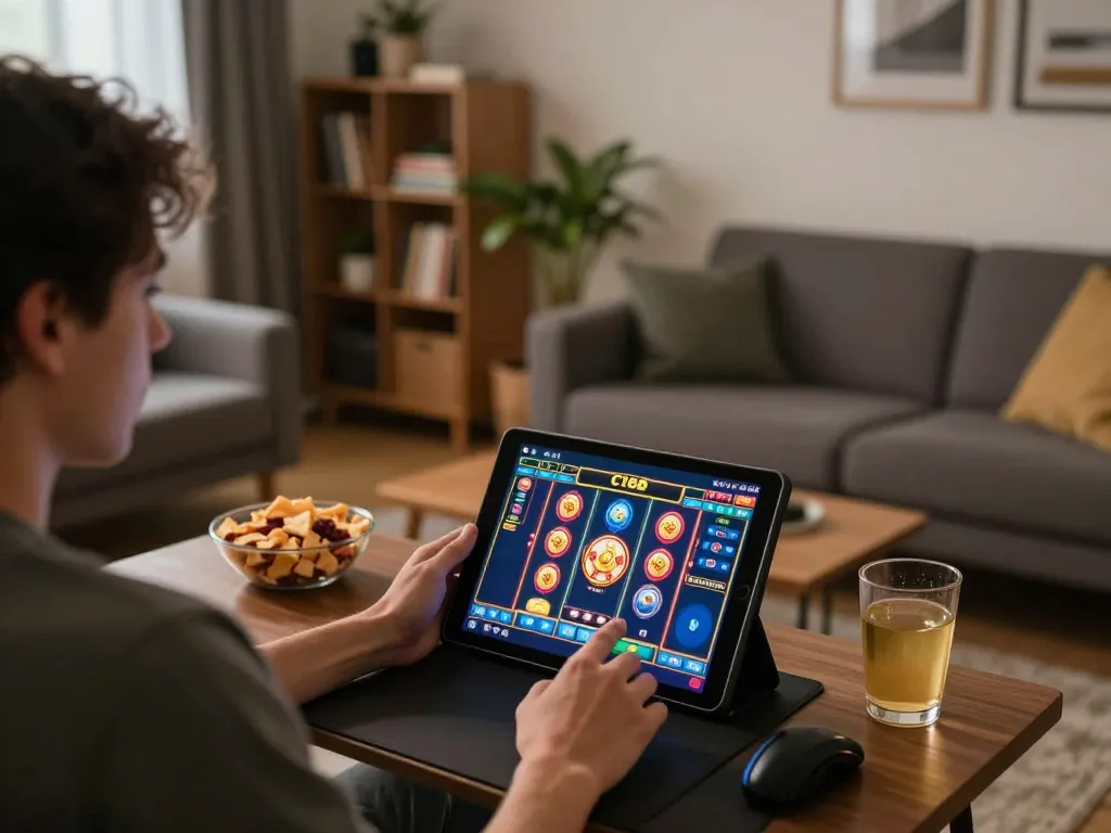 C168 player enjoying an exciting slots experience on a tablet in a cozy home setting.