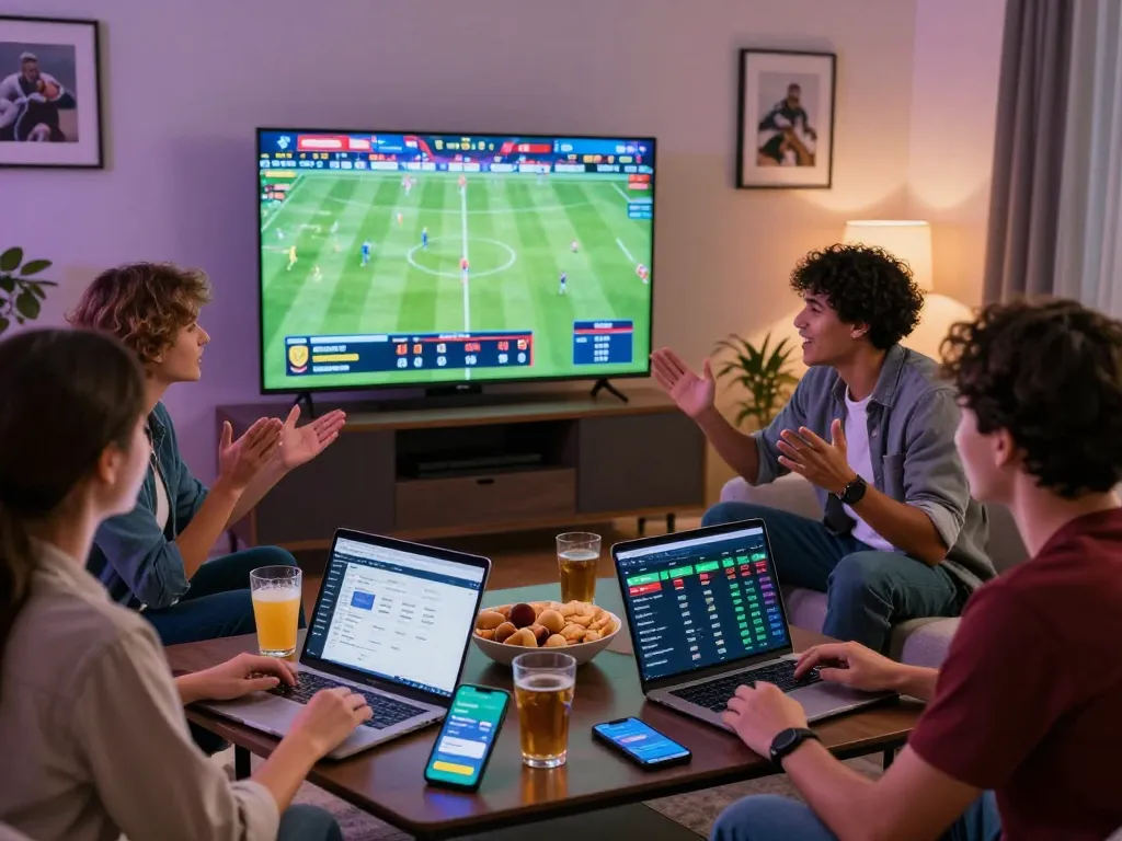 Friends analyzing kèo nhà cái while watching live football matches together in a modern living room.