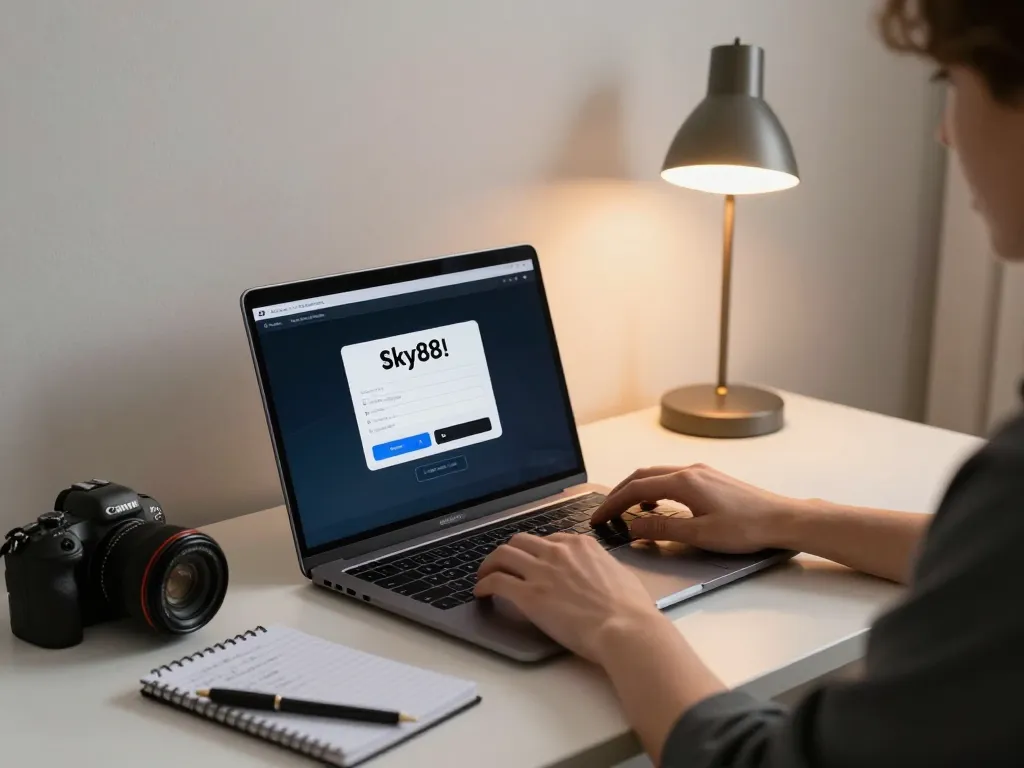 Engaging scene of using Login Sky88 for online gambling from a stylish home office.