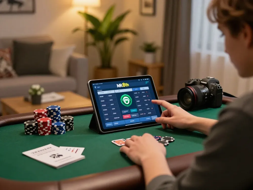 Engaging in competitive online gambling on mk8th with a tablet at home, showcasing strategic betting.