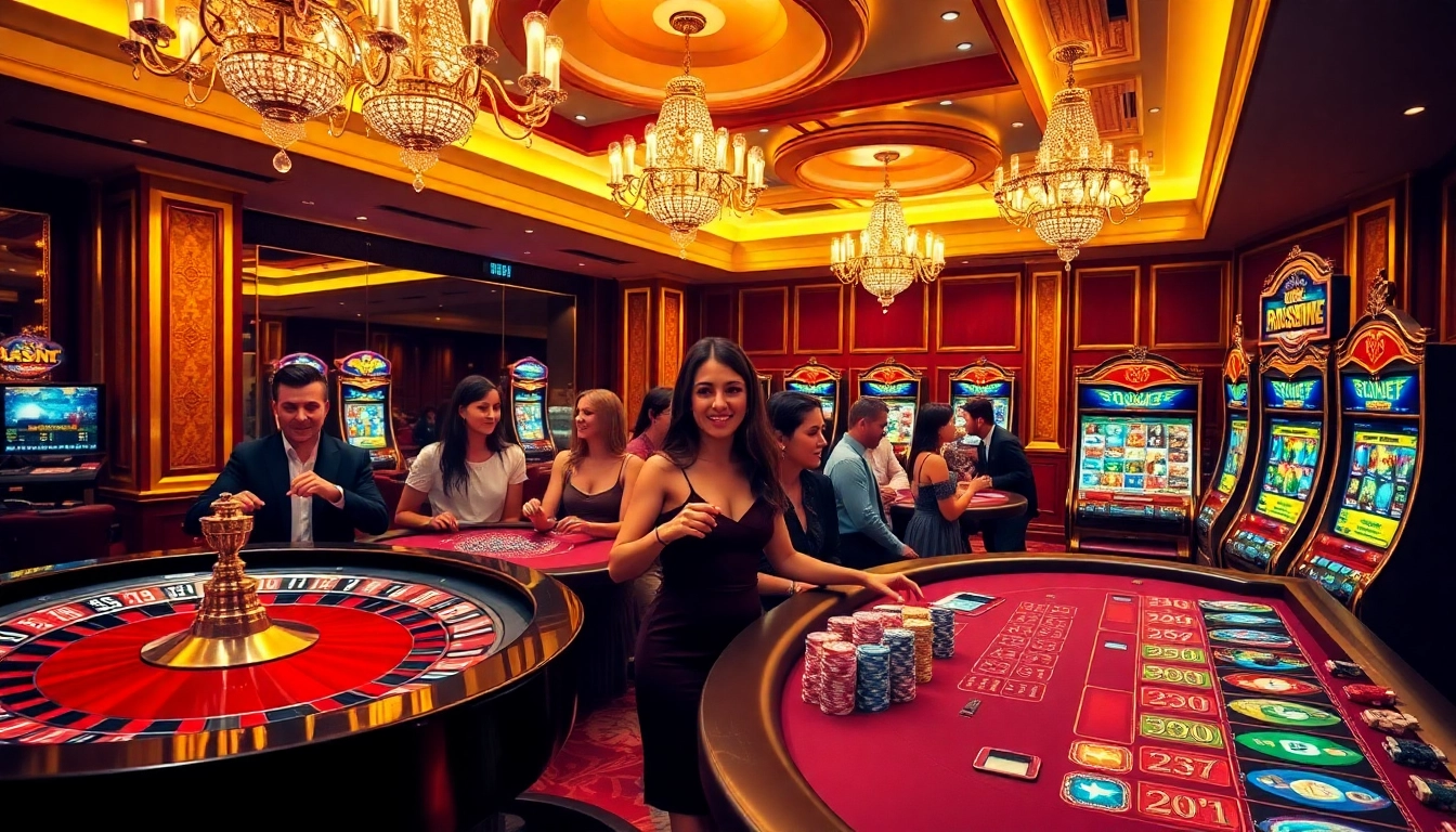Players enjoying the J88 casino experience with poker chips and a vibrant roulette wheel.
