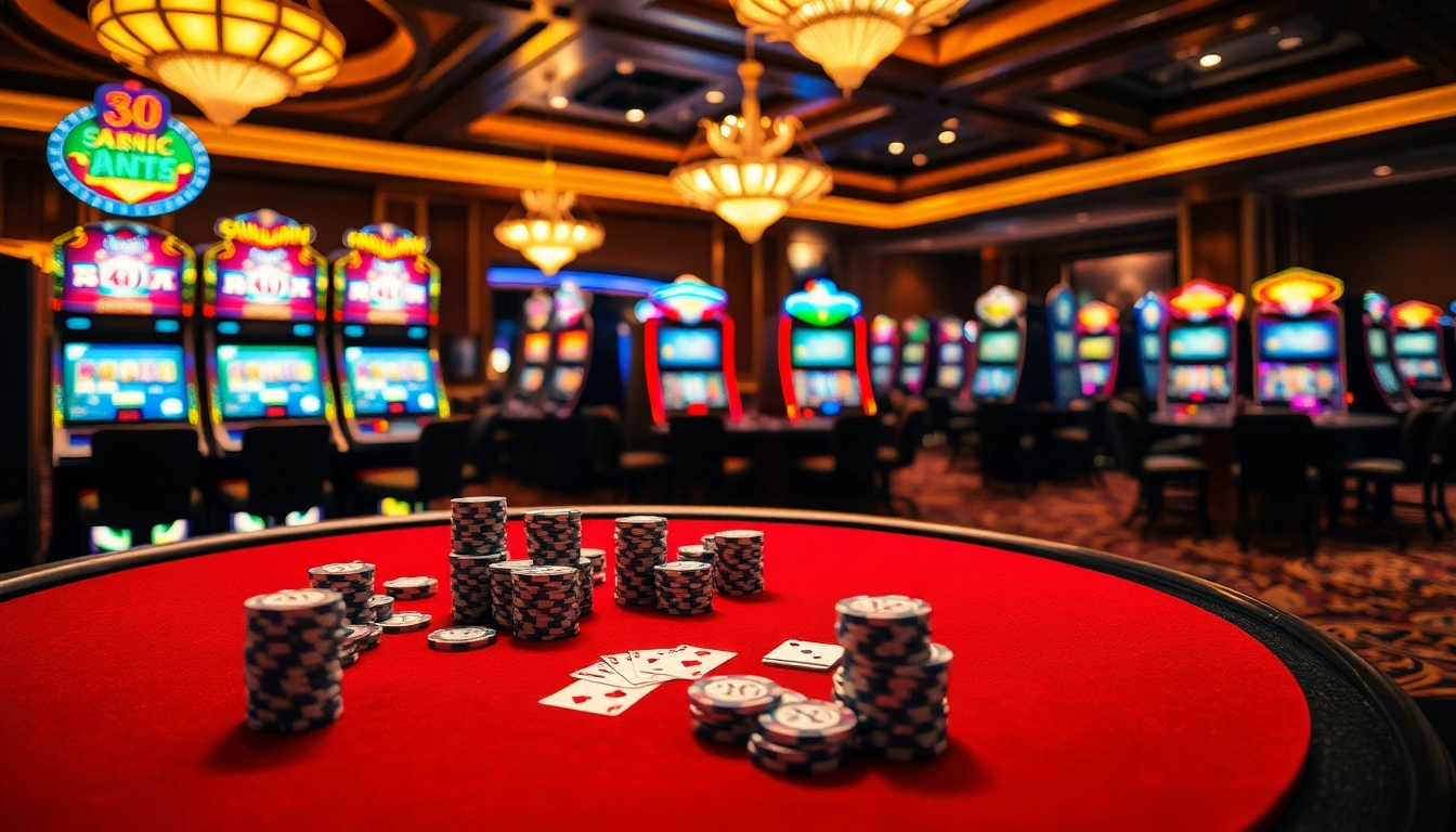 Engage with the thrill of sunwin at a luxurious poker table surrounded by vibrant slot machines.