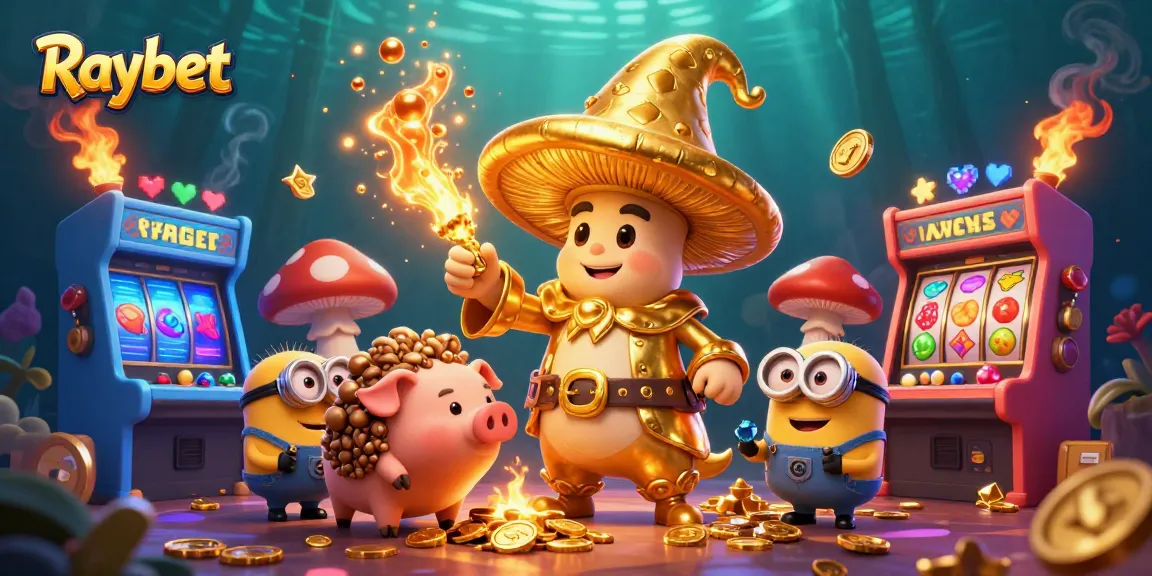 Experience the thrill of Raybet with a magical golden mushroom wizard amidst vibrant arcade game elements.