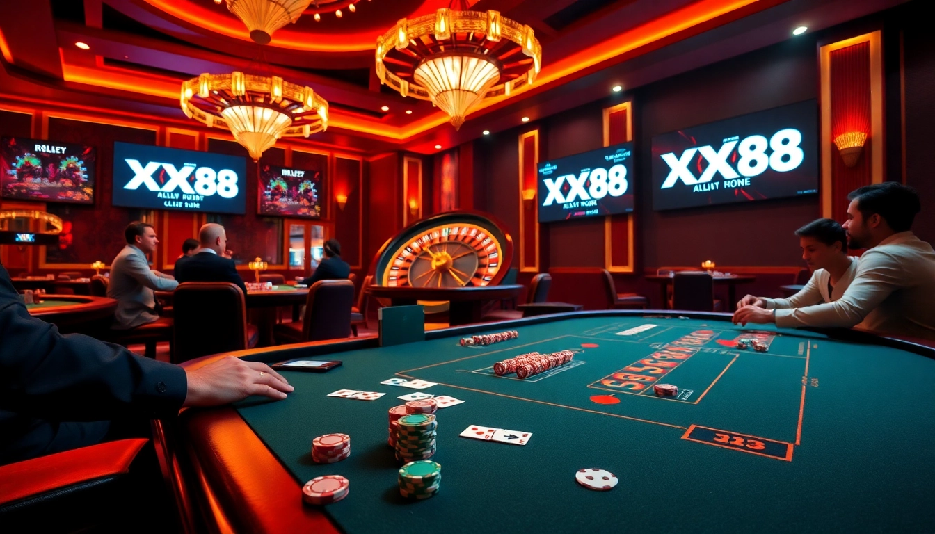 Experience the thrill of gaming at XX88 with a luxurious casino scene featuring poker chips and a roulette wheel.