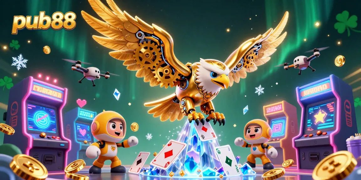 Experience thrilling gameplay with pub88's animated casino scene featuring a golden eagle and holographic cards.