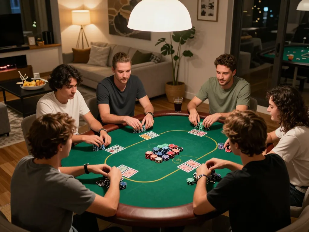 Engaged players enjoying Texas Hold'em at home, showcasing the social aspect of gambling on https://va88.ceo/.