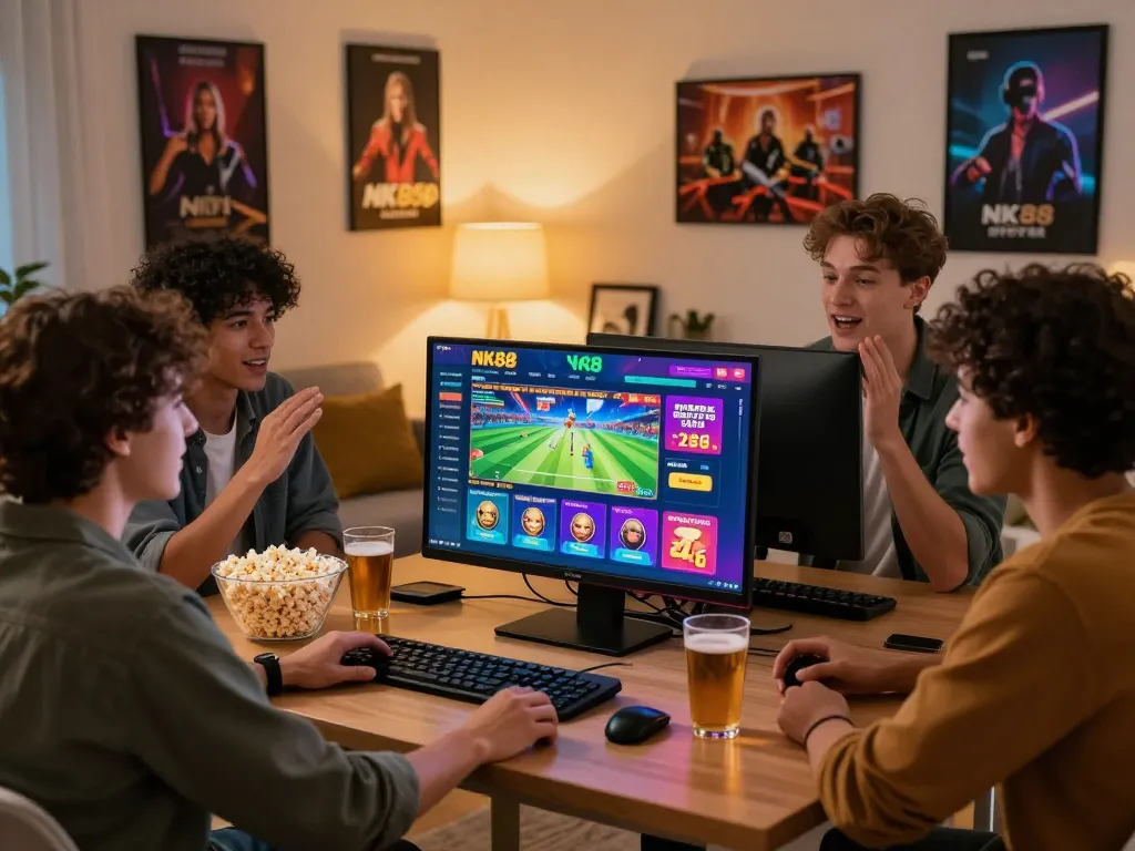 Friends enjoying NK88 online gaming experience in a cozy living room.
