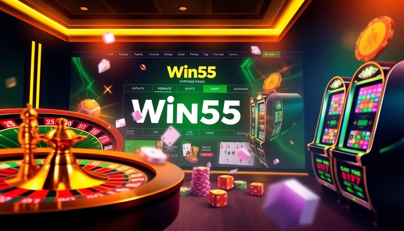 Win55 online casino interface showcasing vibrant graphics and high-stakes gambling elements.