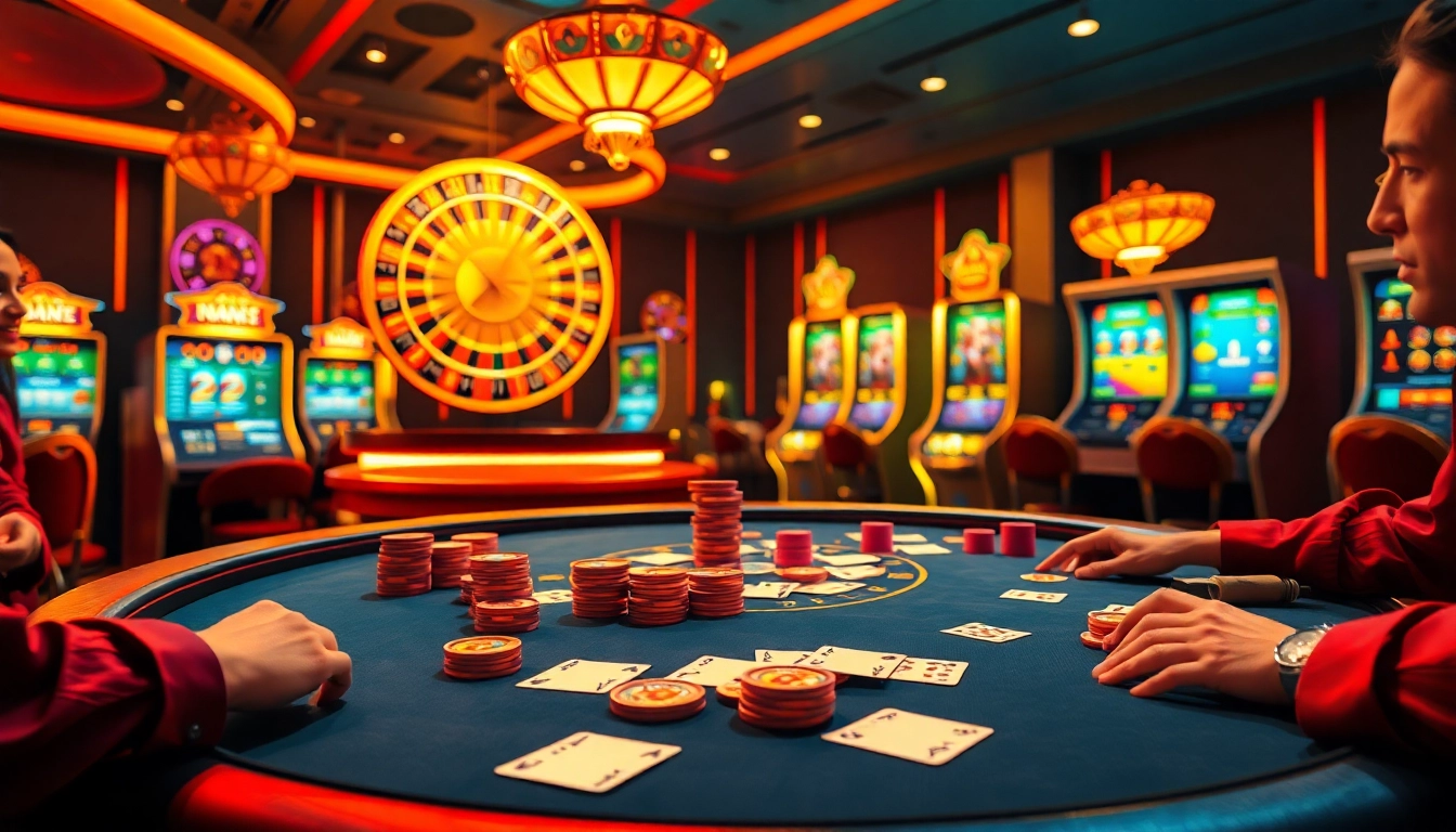 Engage in high-stakes poker action at MAX88 with colorful chips and vibrant cards in a luxurious casino setting.