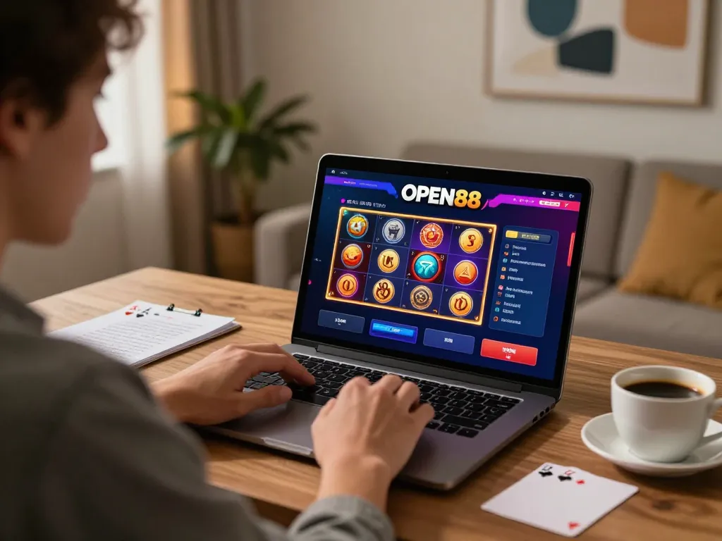 Player engaging with the OPEN88 casino platform from a stylish home office during an exciting gaming session, enhancing strategic gameplay.