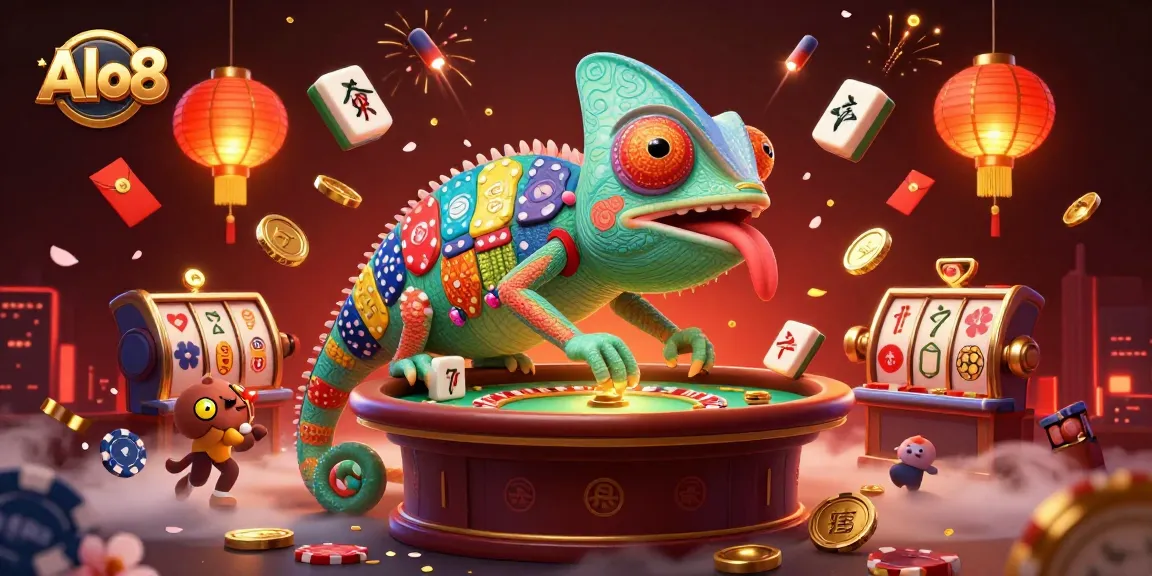 Alo8 casino illustration showcasing a vibrant chameleon owner amidst slot reels and dynamic gaming elements.