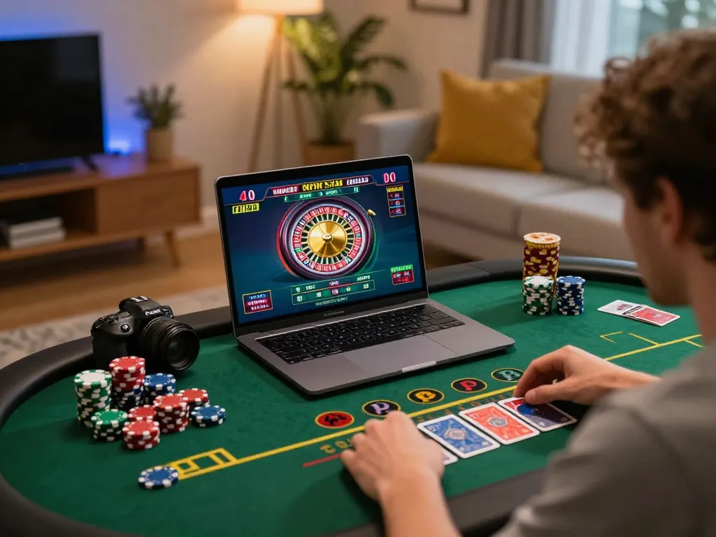 Enjoying a thrilling cm88 live dealer game on a laptop at home, chips and snacks nearby, capturing excitement