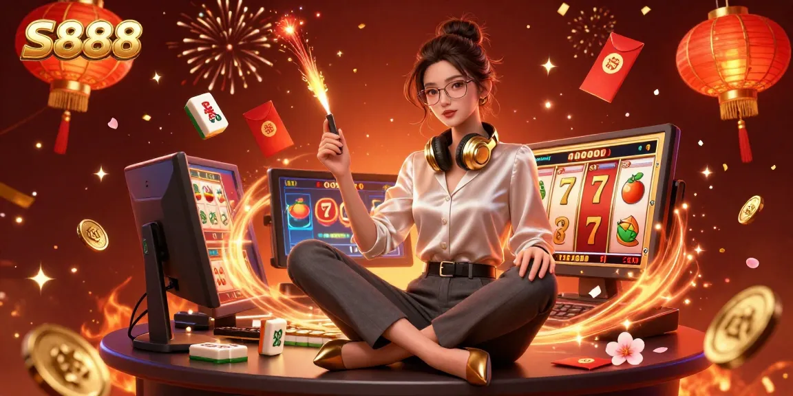 S888 players engaging with vibrant slot games and festive elements in a dynamic casino atmosphere.