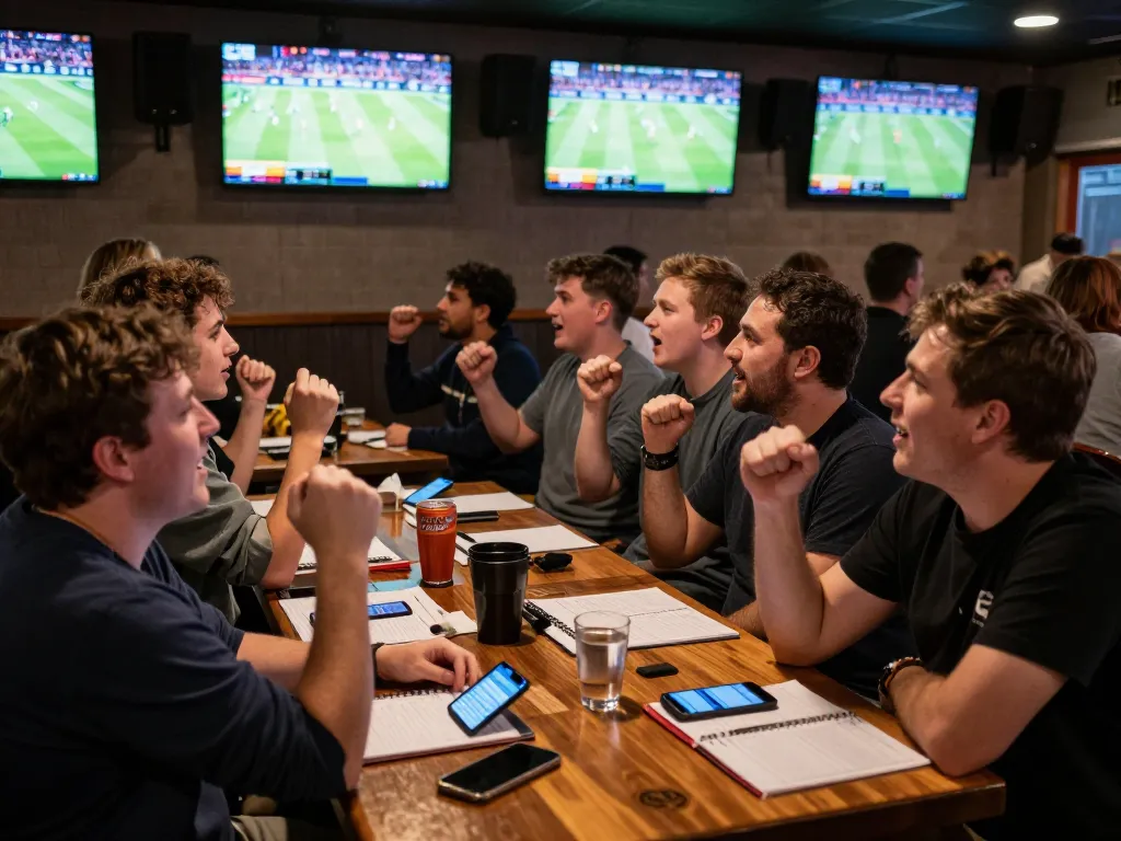 DABET users enjoying live sports betting in a vibrant sports bar with screens and excitement