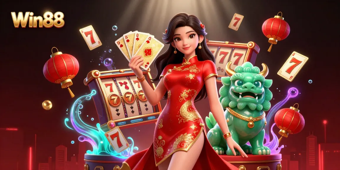 Win88 showcases a vibrant 3D illustration of a woman in a qipao, celebrating slot victories.
