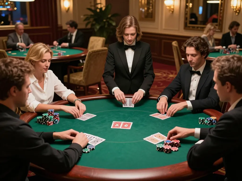 Players engage in intense poker strategy at DA88 table in upscale casino.