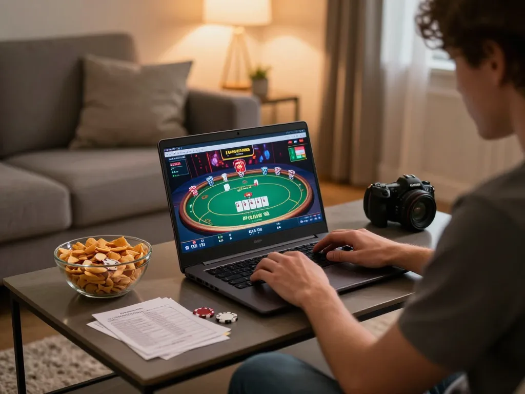 Link vào lucky88 is a player enjoying online poker in a cozy home setting, capturing responsible gaming.