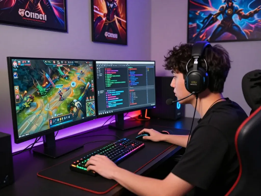 Esports player engaged in Onbet LOL match with monitors and gaming gear
