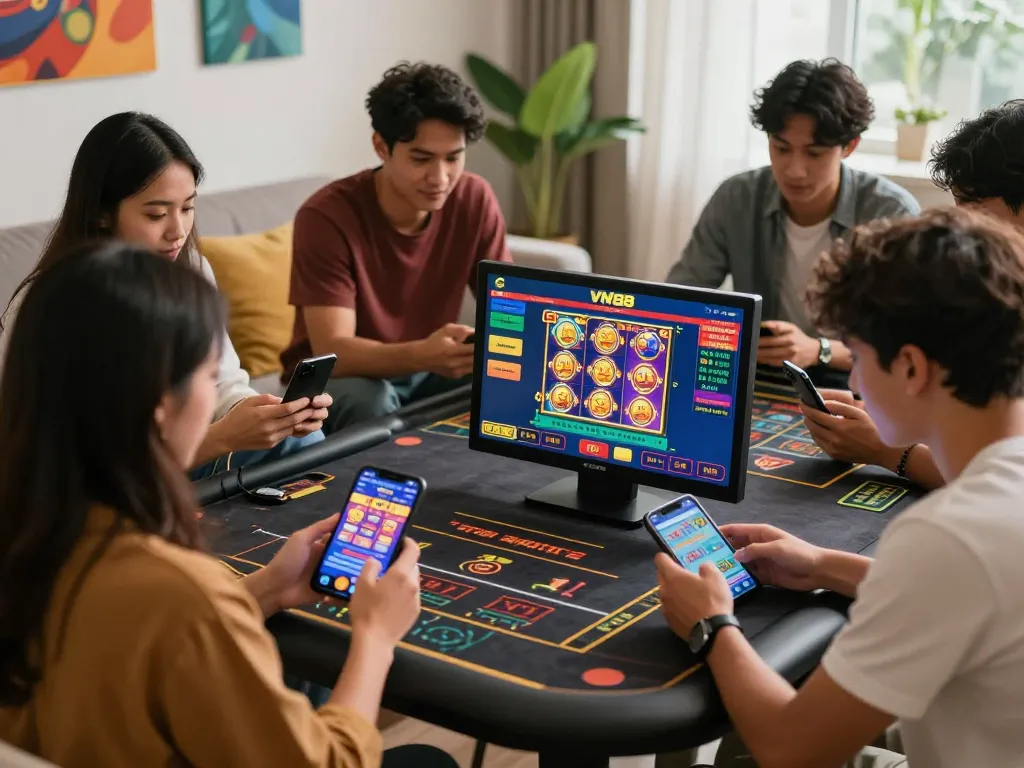 Friends enjoying online gambling with VN88 platform on mobile devices in an inviting atmosphere.