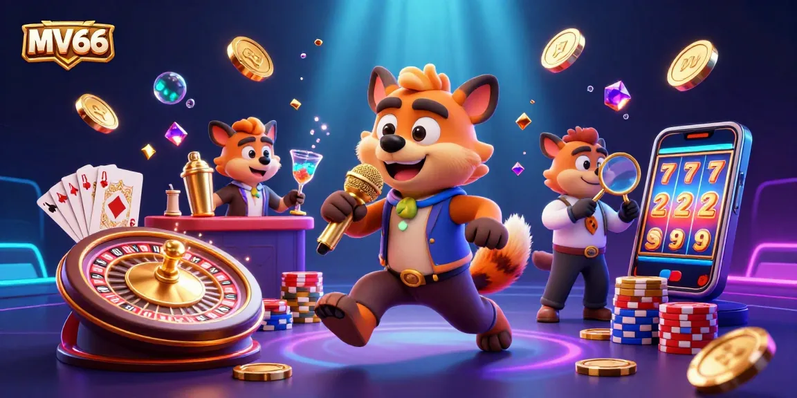 Experience the excitement of MV66, a vibrant comedy casino club with hyena characters, gold coins, and roulette action.