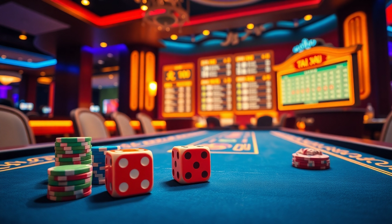 Tài xỉu gameplay with colorful chips and dice at a stylish online casino table