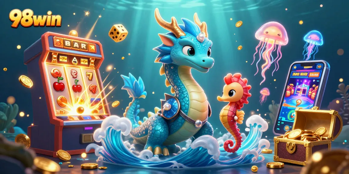 Win big with 98win's exciting casino games, featuring vibrant characters and jackpot elements.