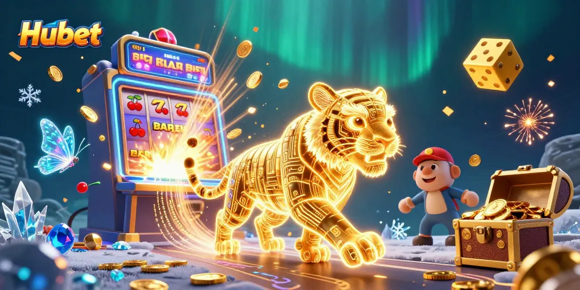 Experience thrilling gameplay with Hubet's vibrant digital casino illustration featuring a golden tiger and jackpot bursts.