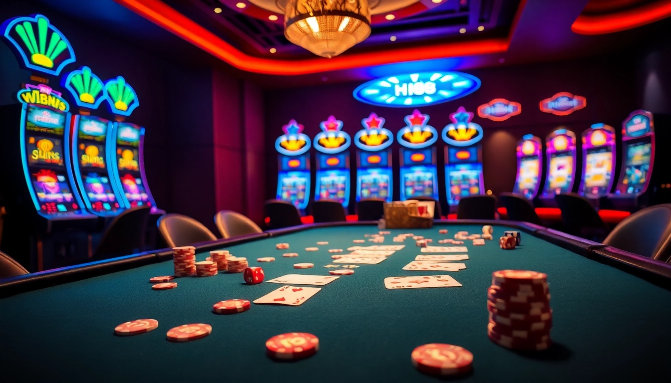 Experience thrilling gameplay at Hi88 with luxurious casino tables, vibrant poker chips, and exciting slot machines.