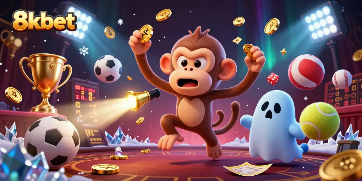 Experience the thrill of betting with 8kbet, as playful elements surround a poltergeist monkey in a vibrant casino.