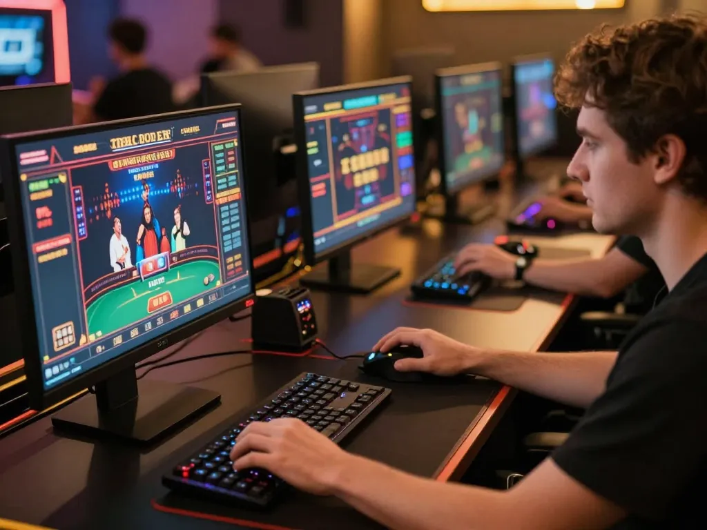 8XX VIP player analyzing strategies in an advanced online gaming setup for better betting decisions.