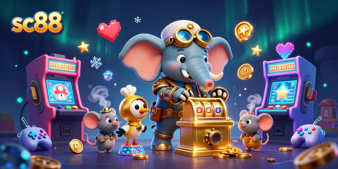 Experience exciting gameplay with sc88's vibrant 3D casino illustration featuring a mechanical elephant and thrilling slot machines.