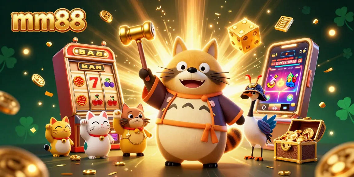 Experience winning moments with mm88's vibrant casino scene featuring a lucky tanuki and golden treasures.