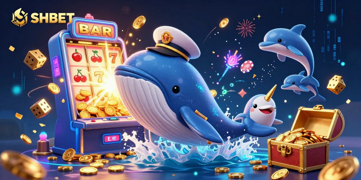 Experience the thrill of SHBET with a vibrant 3D scene featuring a whale, narwhal, and dolphins amidst a jackpot explosion.