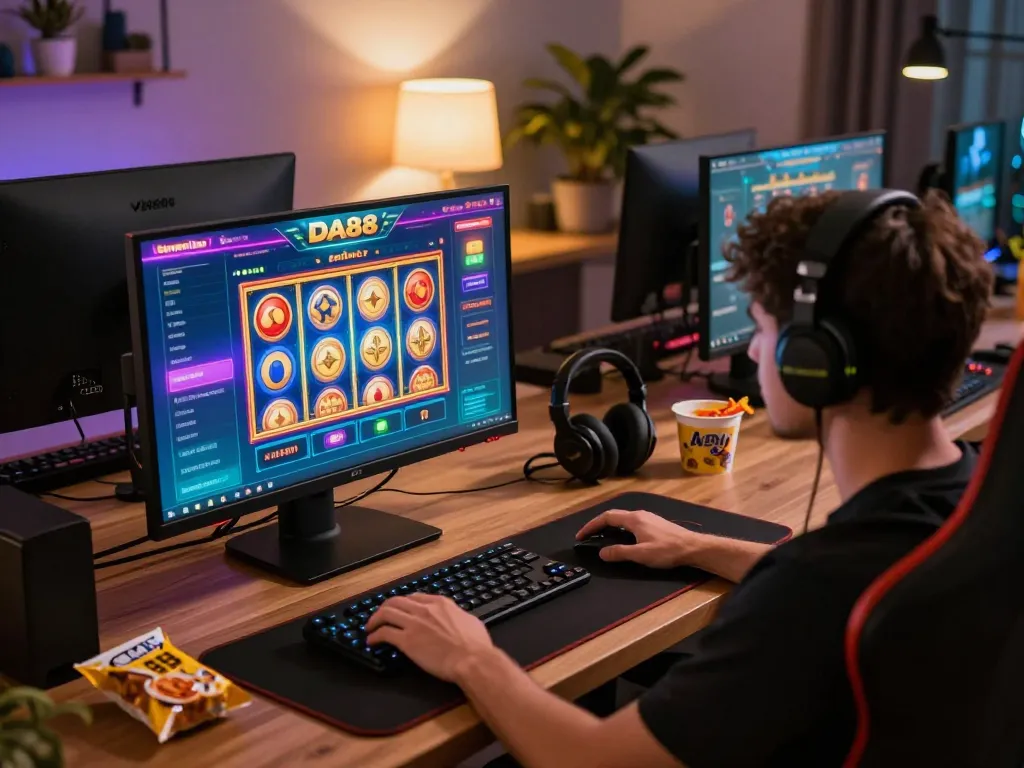 Player engaging with DA88 online casino slots on a modern gaming setup, showcasing a cozy home atmosphere