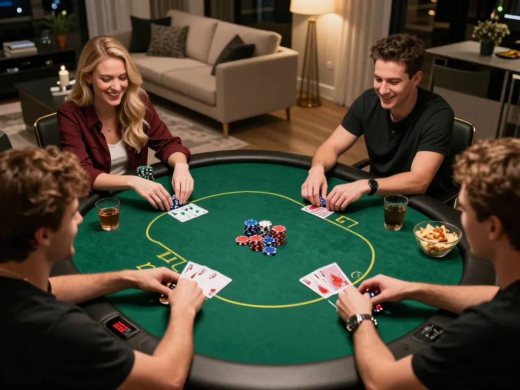 Strategic gameplay at trang chủ 33win home poker night showcasing players' hands and chips