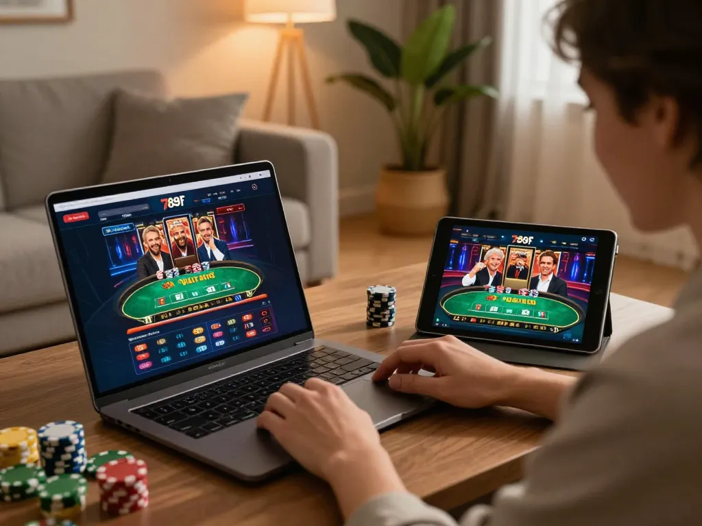 Engaging in online gaming with 789f on tablet and laptop in a cozy home setting