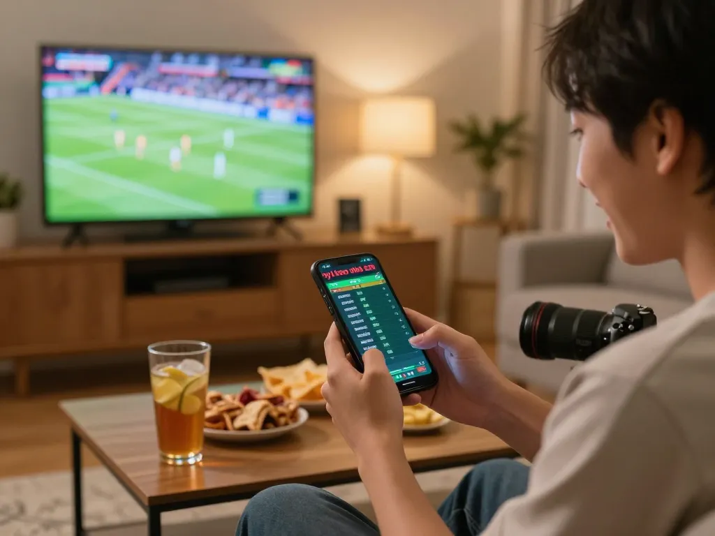 Engaging moment of checking ty le keo nha cai odds during a thrilling sports betting event at home.