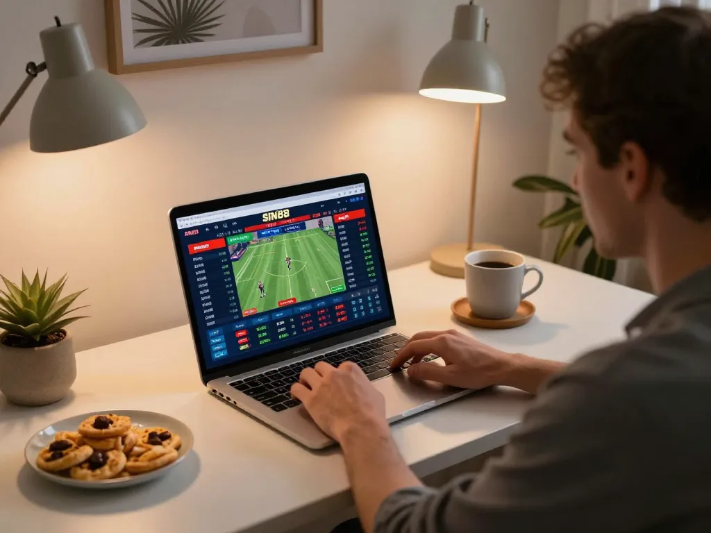 Engaging in live betting on SIN88 from home, focused on digital screen with odds and bets.