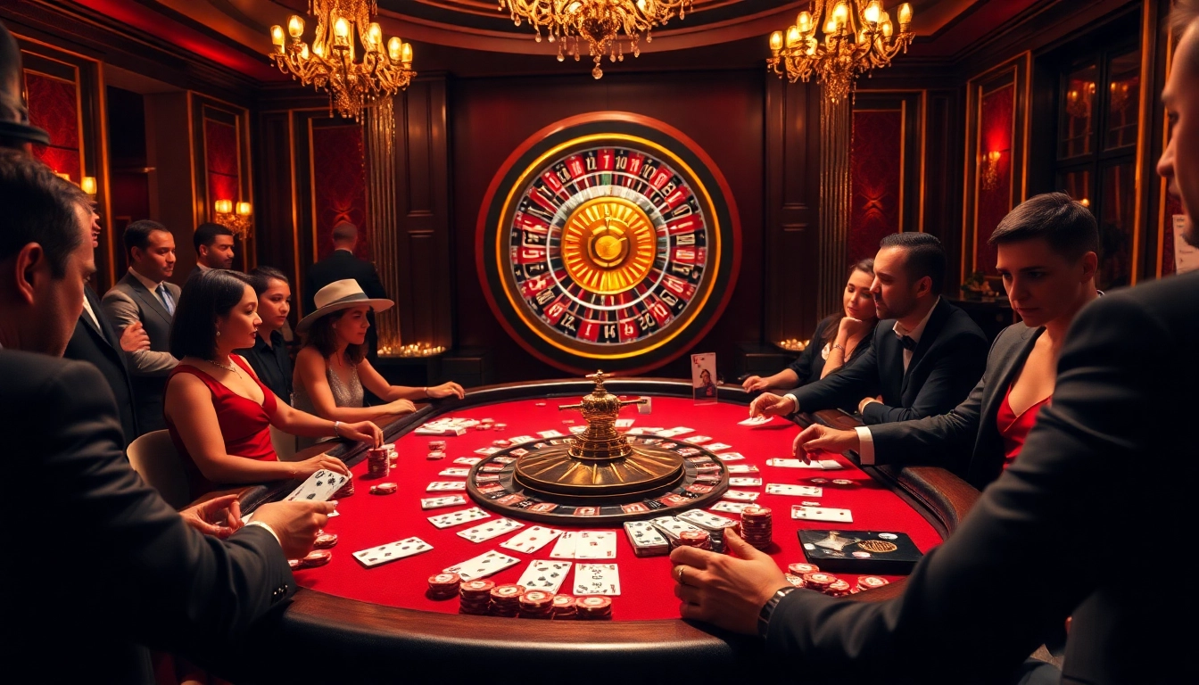 Action-packed poker scene at a luxurious casino highlighting vipwin excitement, featuring players, chips, and cards.