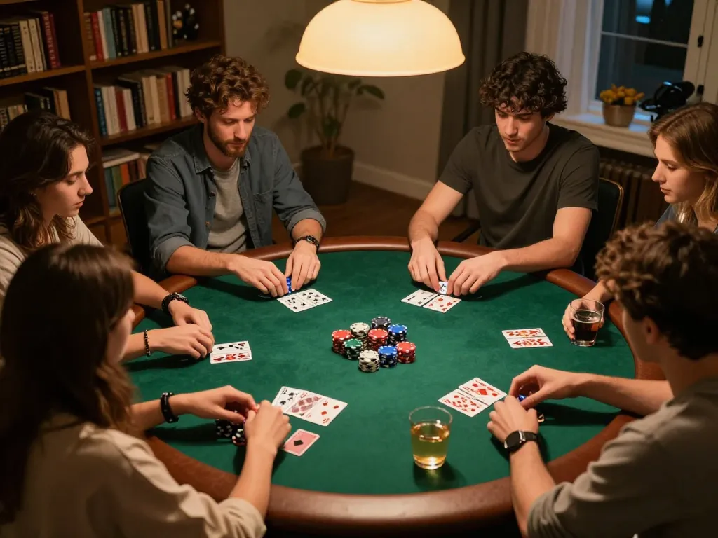 Link vào Xo88 being enjoyed during a lively poker game night with friends, showing strategic gameplay.