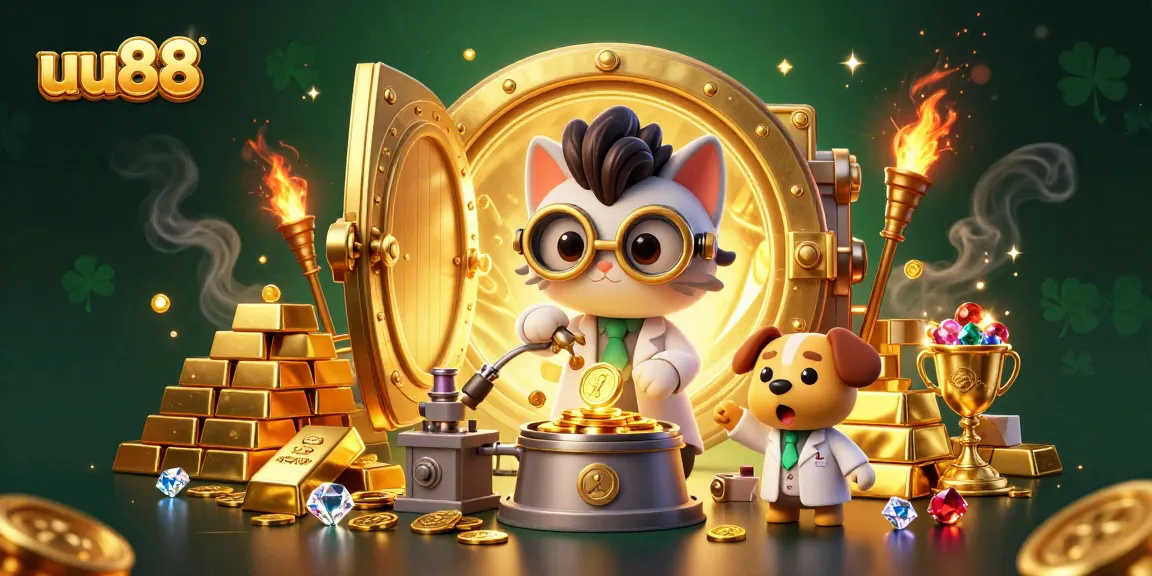 uu88 offers thrilling wins with a dynamic casino scene featuring animated characters amidst golden treasures.
