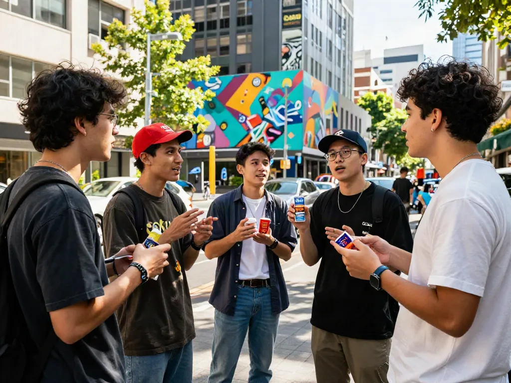 Engaging scene of young adults showcasing rokok88 products in an urban environment.