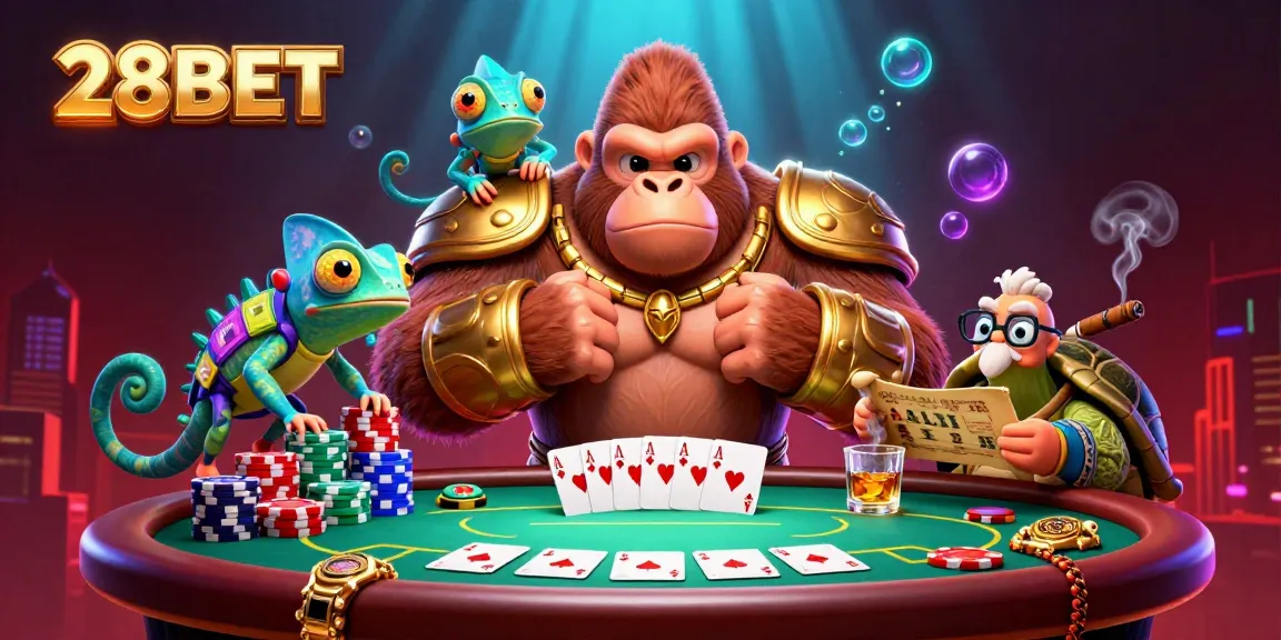 Experience exciting gameplay with 28BET's ultimate poker scene featuring vibrant characters and dynamic casino elements.