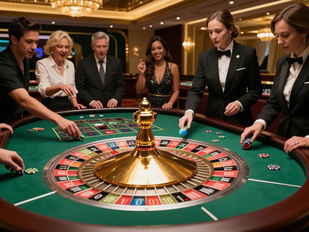 Players at the lode88s roulette table placing bets in an upscale casino atmosphere.