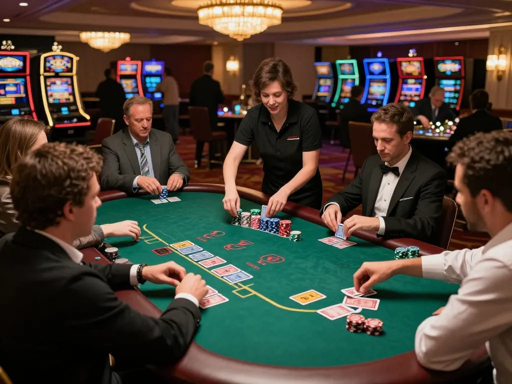 Watch players strategize at blackjack table while betting at https://vb88.llc/ in a vibrant casino atmosphere.