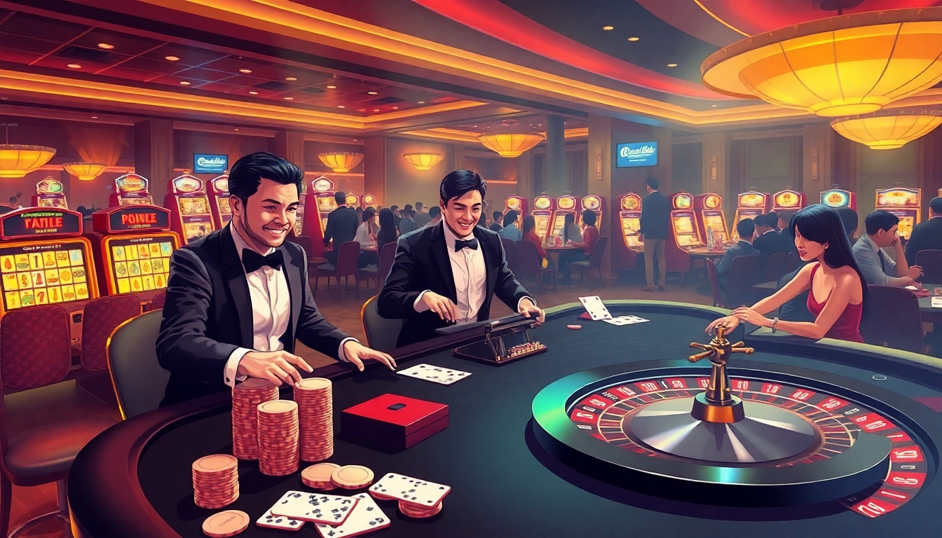 Hitclub gaming table with players enjoying poker and roulette in a luxurious casino.
